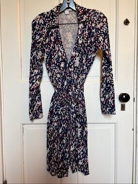 Diane Von Furstenberg Navy, Cream & Burgundy Long Sleeve Wrap Dress